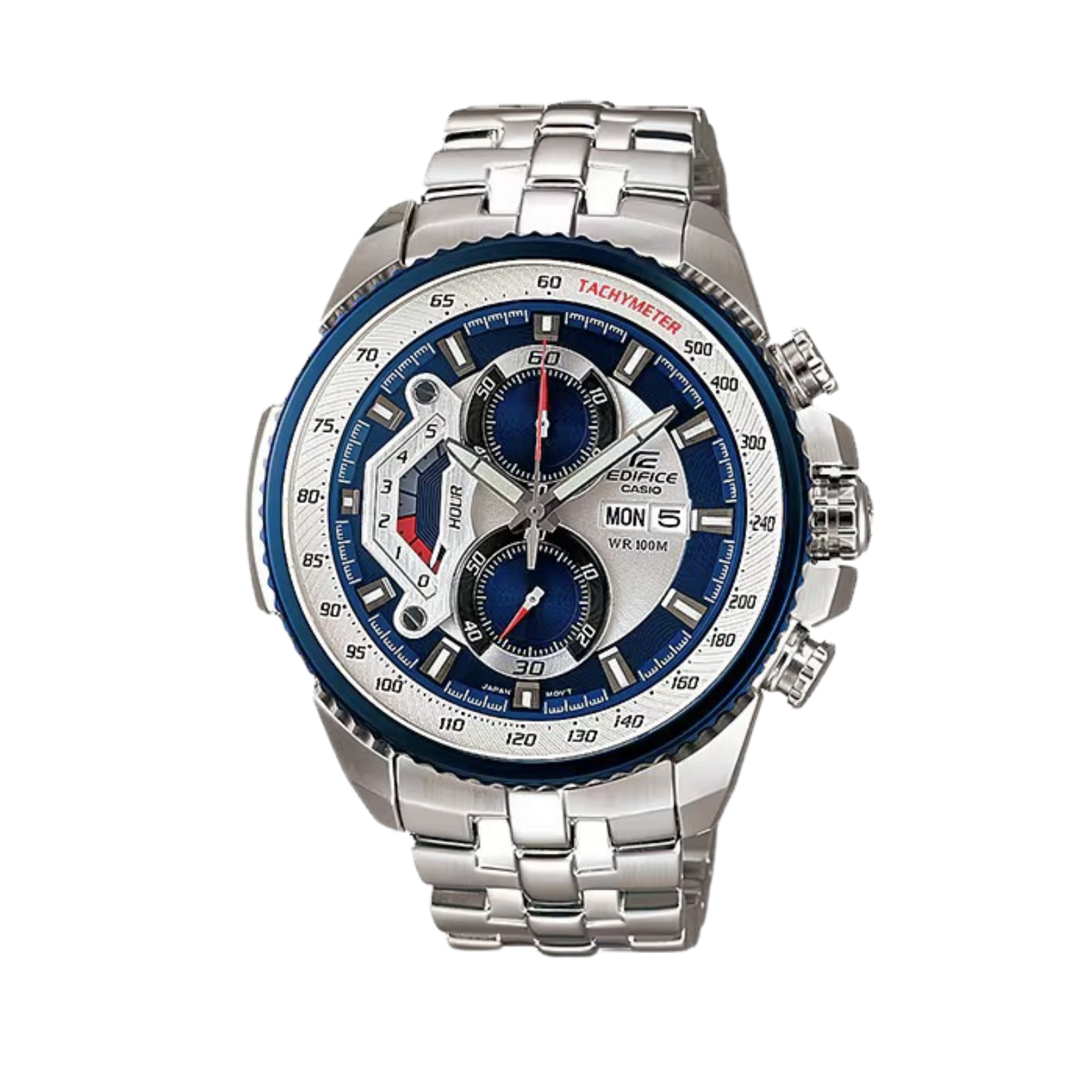 A Casio Edifice EF-558D-2AVUDF watch with a stainless steel band and a blue dial featuring a tachymeter, retrograde dial, and stopwatch functionalities.