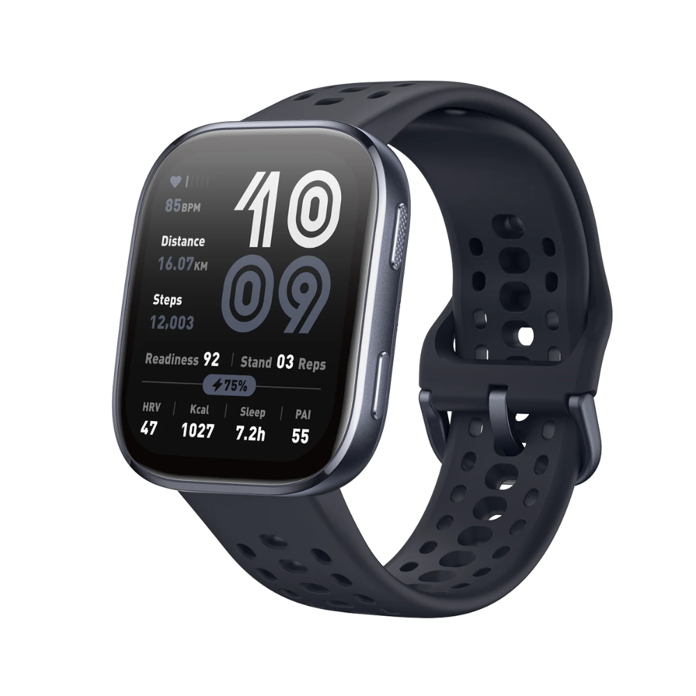 Smartwatch with a black band on a white background