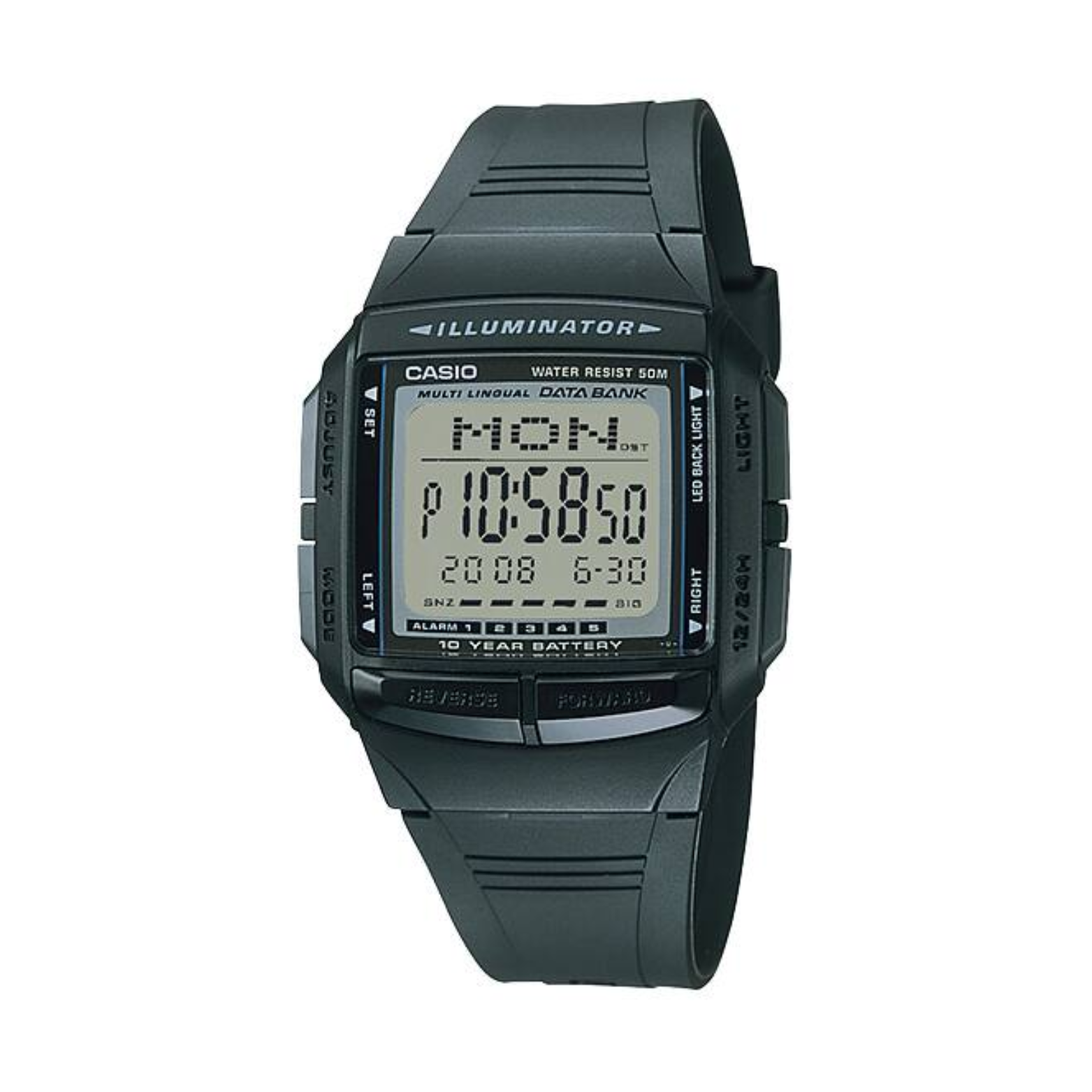 Black Casio digital watch on a white background