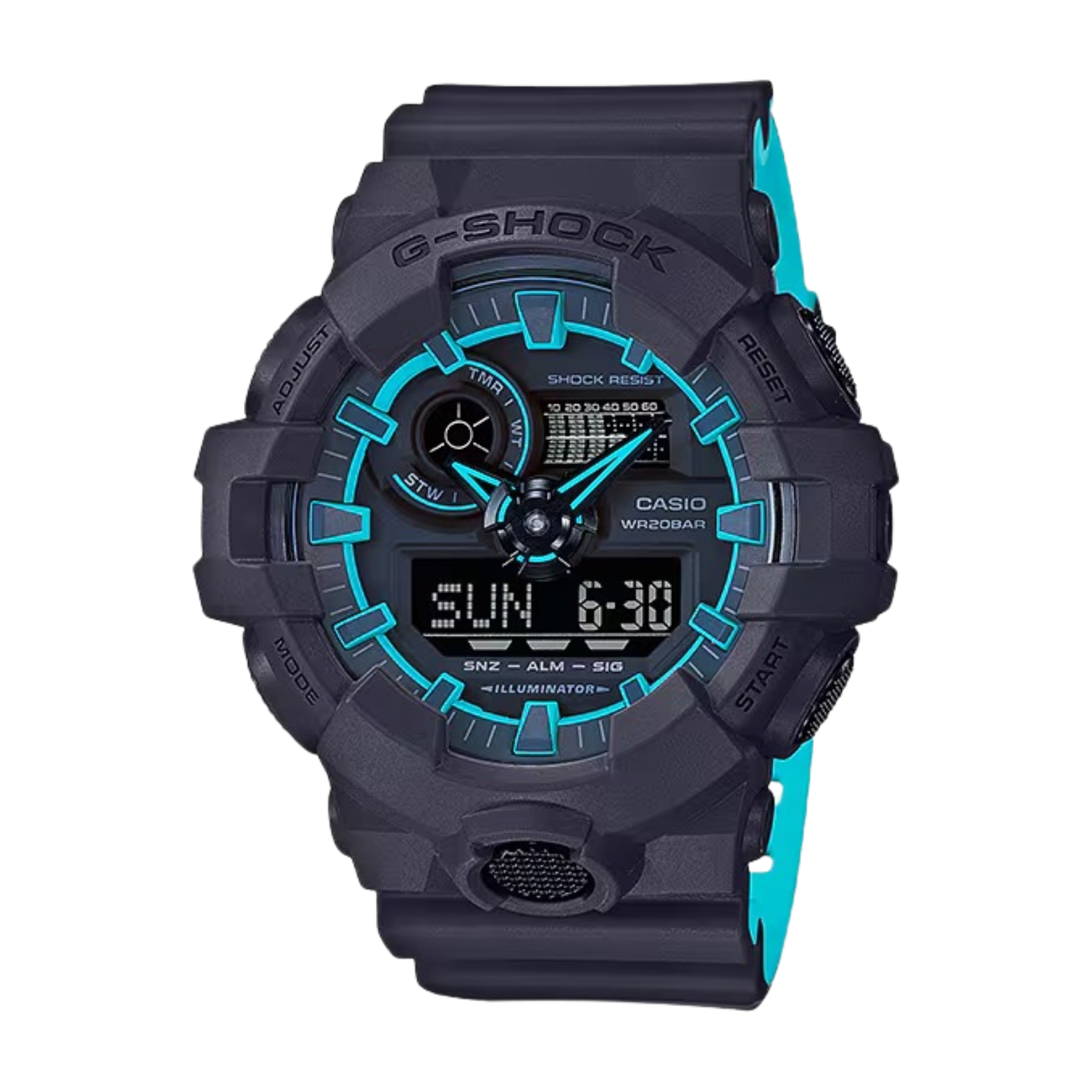 A black CASIO G-SHOCK watch with blue accents on the dial and a blue band.