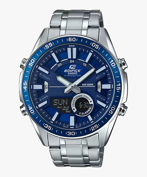 A Casio Edifice EFV-C100D-2AVUDF watch with a stainless steel band and a blue analog dial with multiple subdials and a digital display.