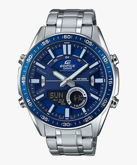 A Casio Edifice EFV-C100D-2AVUDF watch with a stainless steel band and a blue analog dial with multiple subdials and a digital display.