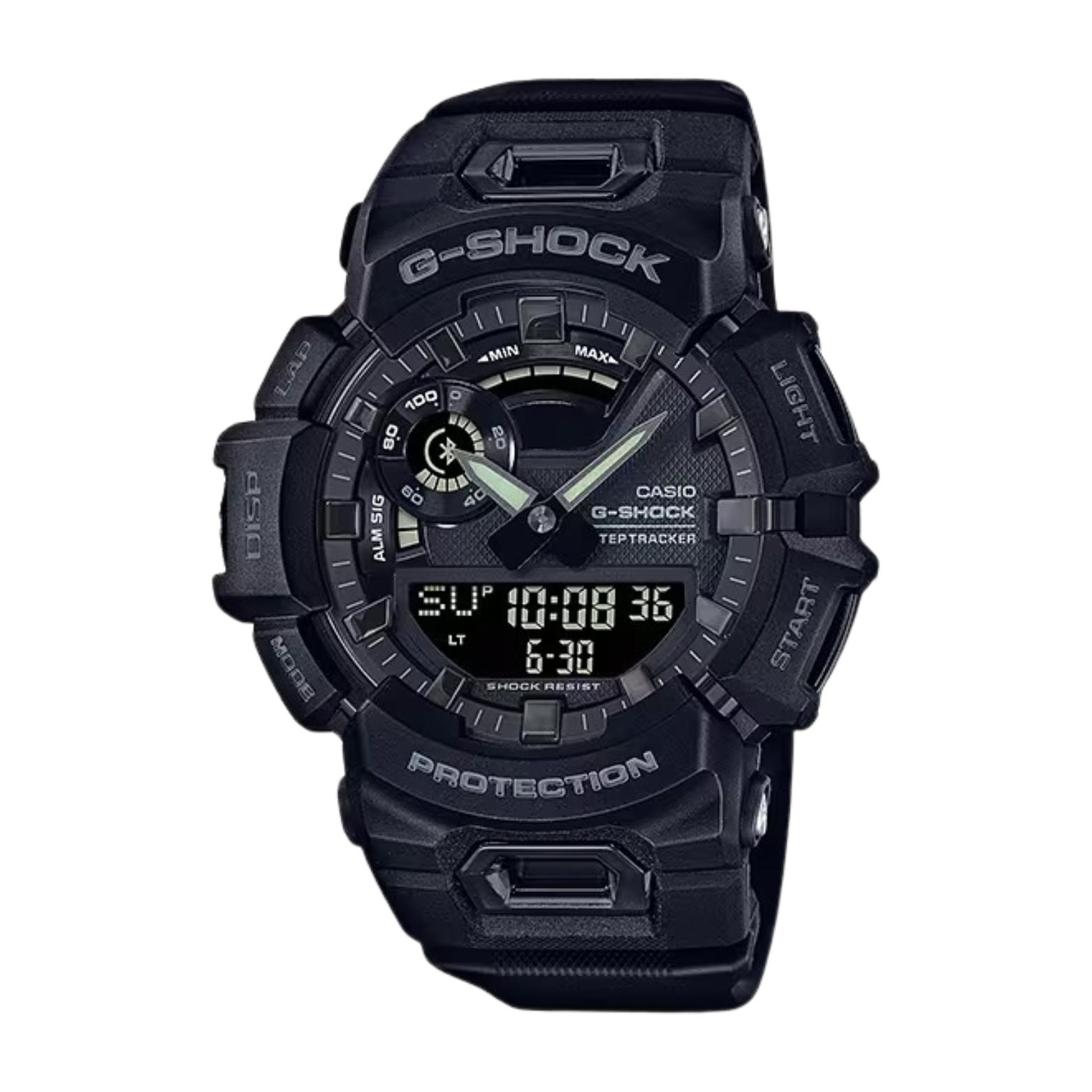 A black CASIO G-SHOCK GBA-900-1ADR watch with a digital display, analog hands, and multiple watch features visible.