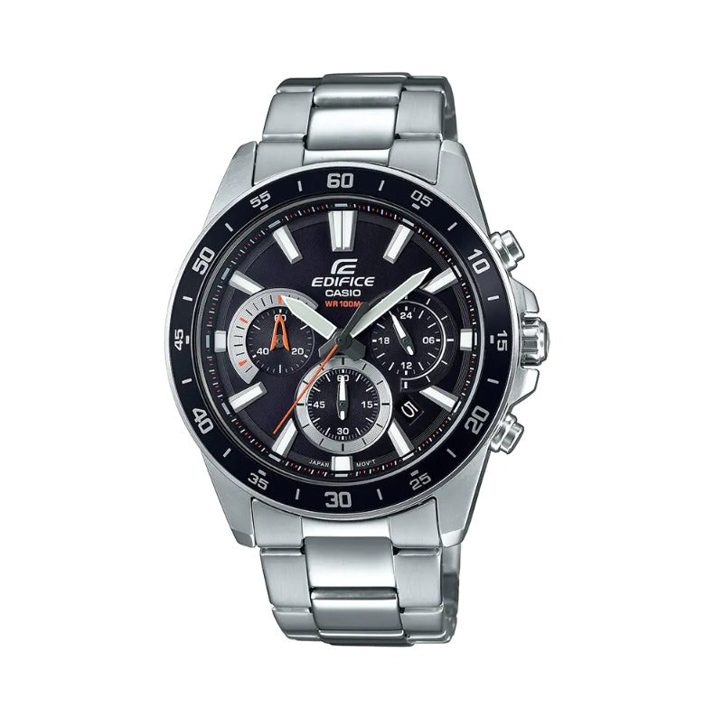 A Casio Edifice EFV-570D-1AVUDF men's analog watch with a black dial, stainless steel band, and multiple dials.