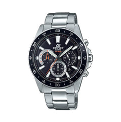A Casio Edifice EFV-570D-1AVUDF men's analog watch with a black dial, stainless steel band, and multiple dials.