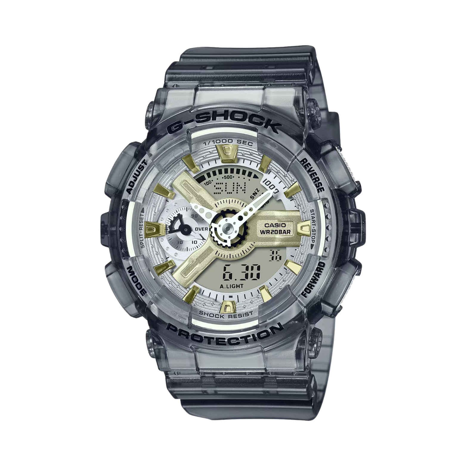 A Casio G-Shock watch with a gray resin band and a digital-analog display showing time, date, and various watch features.