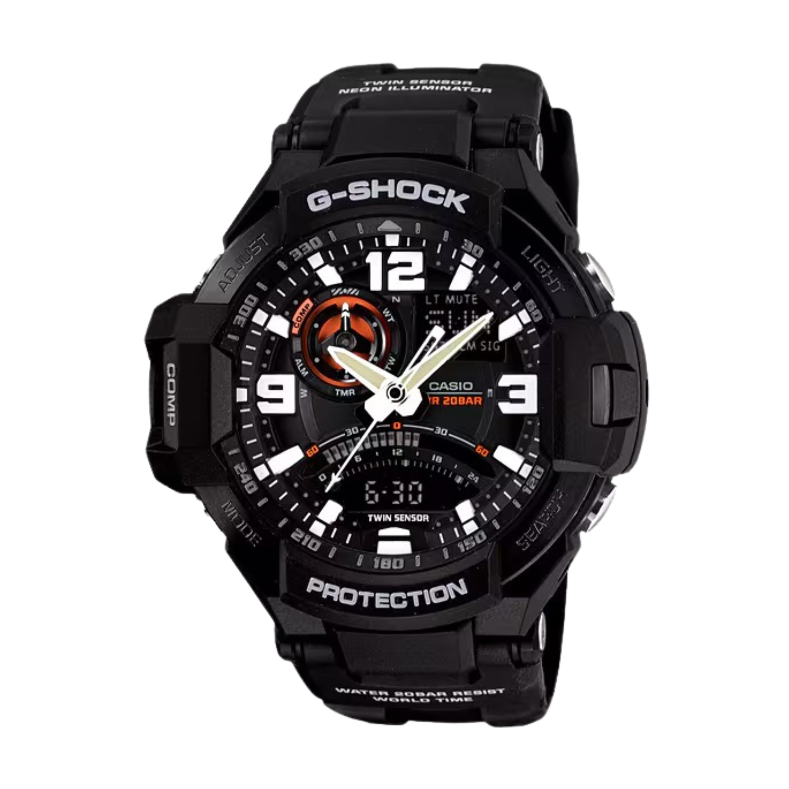 A Casio G-Shock GA-1000-1ADR watch with a black band and black case, featuring a digital compass, thermometer, stopwatch, and timer functionalities.