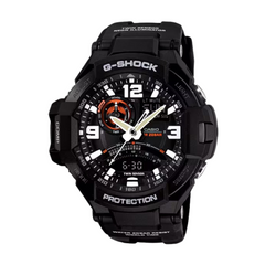 A Casio G-Shock GA-1000-1ADR watch with a black band and black case, featuring a digital compass, thermometer, stopwatch, and timer functionalities.