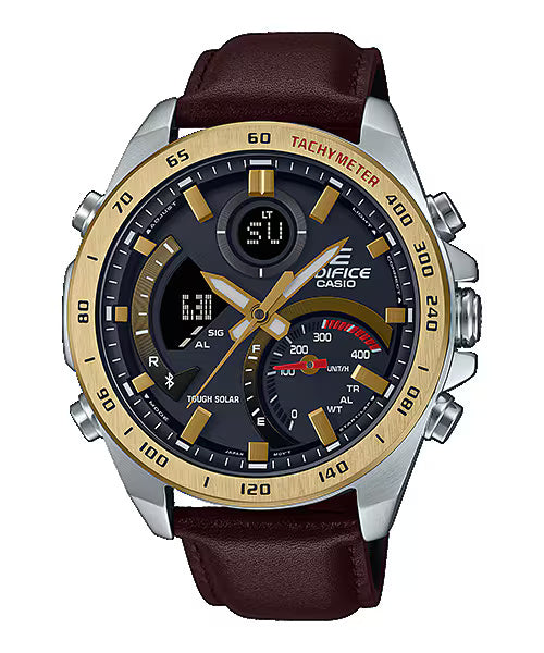 A Casio Edifice ECB-900GL-1ADR watch with a black dial, gold ion-plated bezel, and brown leather band.