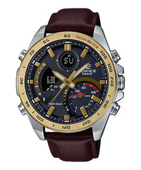 A Casio Edifice ECB-900GL-1ADR watch with a black dial, gold ion-plated bezel, and brown leather band.