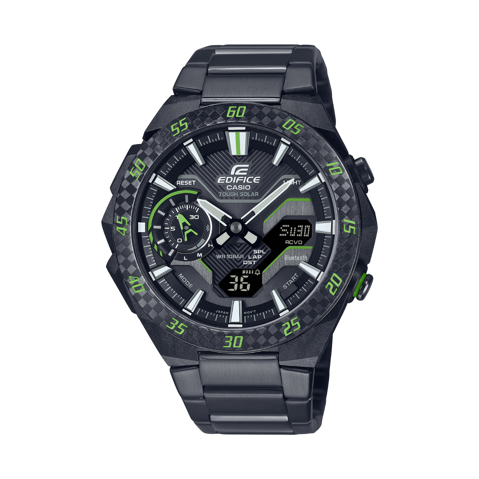 Black Casio Edifice watch with green accents on a white background