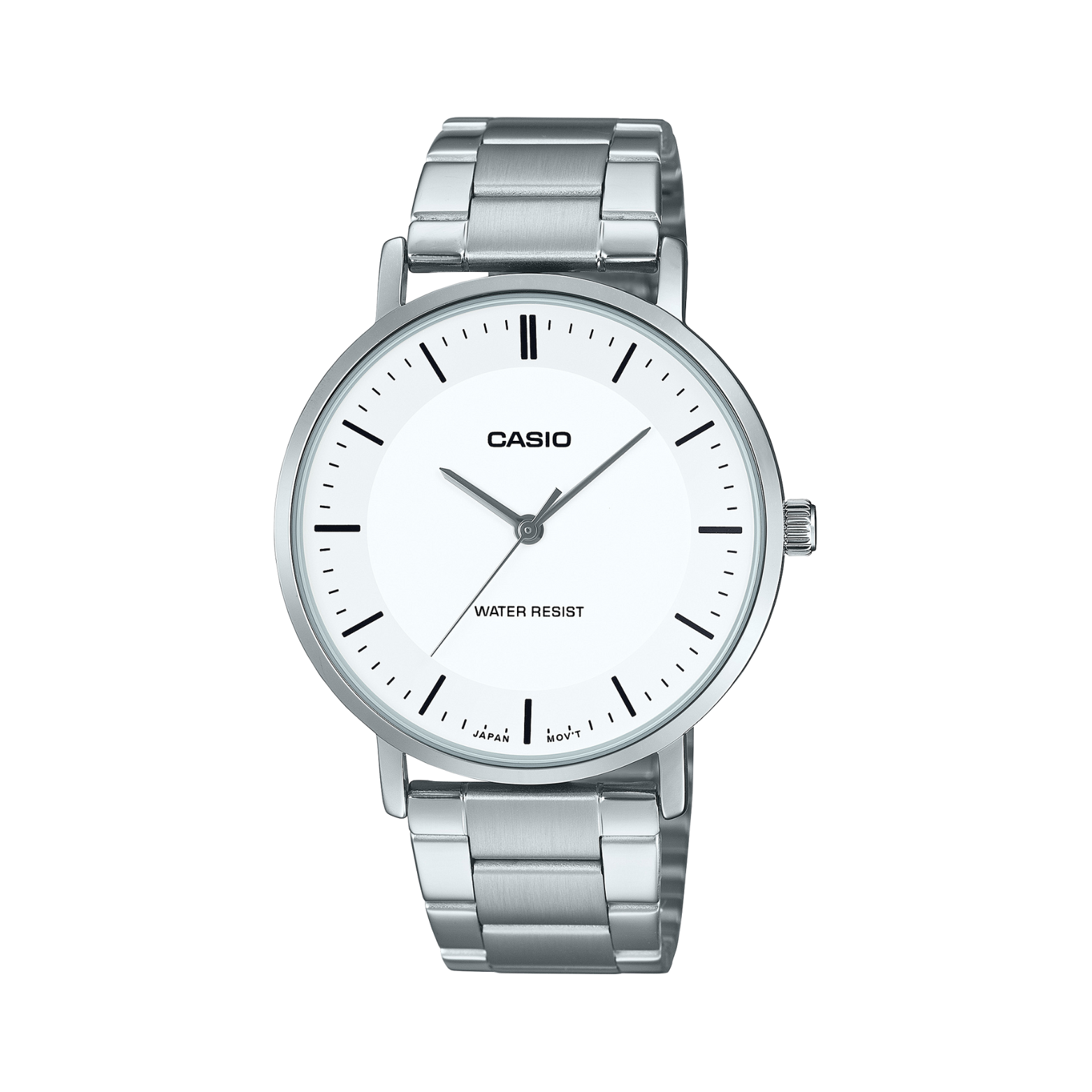 Silver Casio watch with a white face on a white background