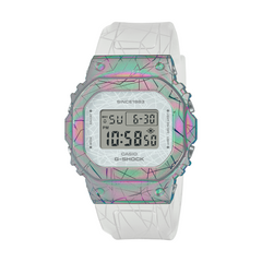 A CASIO G-SHOCK watch with a multicolor ion-plated bezel and a white resin band, displaying a digital screen.