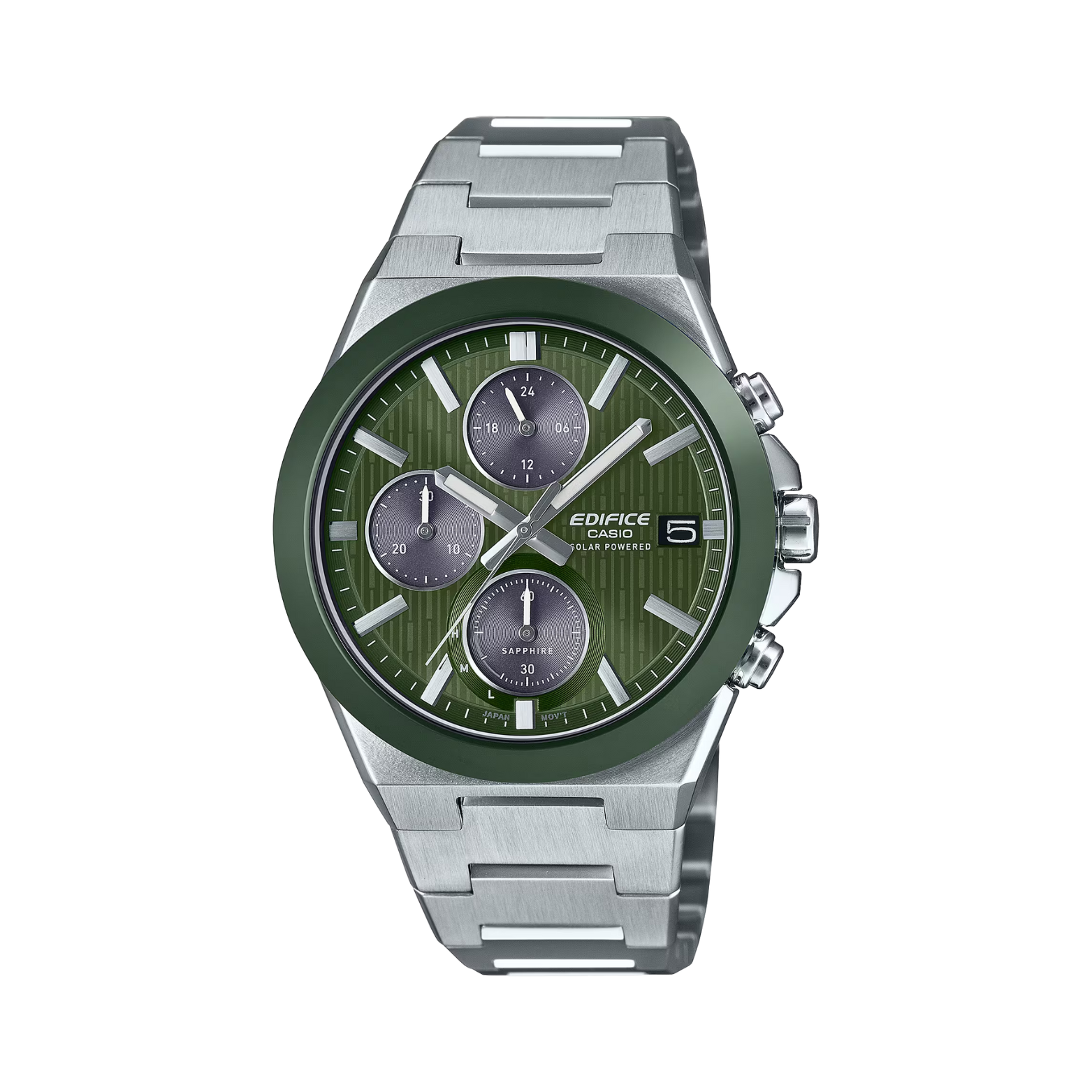Silver watch with green face on a white background