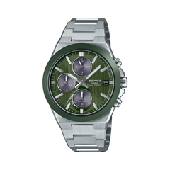 Silver watch with green face on a white background
