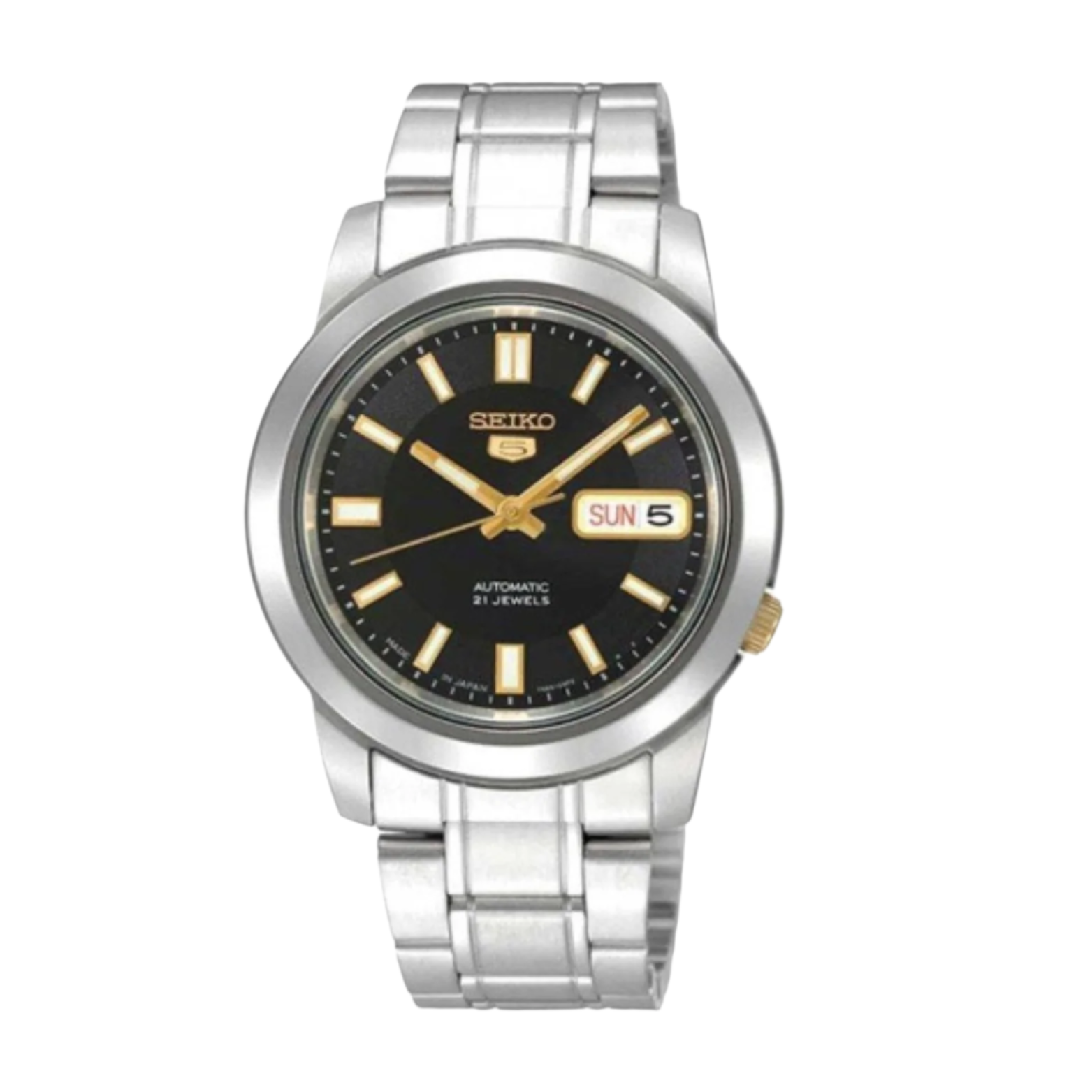 A SEIKO watch with a silver metallic case and a gray metal strap, featuring a black dial with gold accents and a date display.