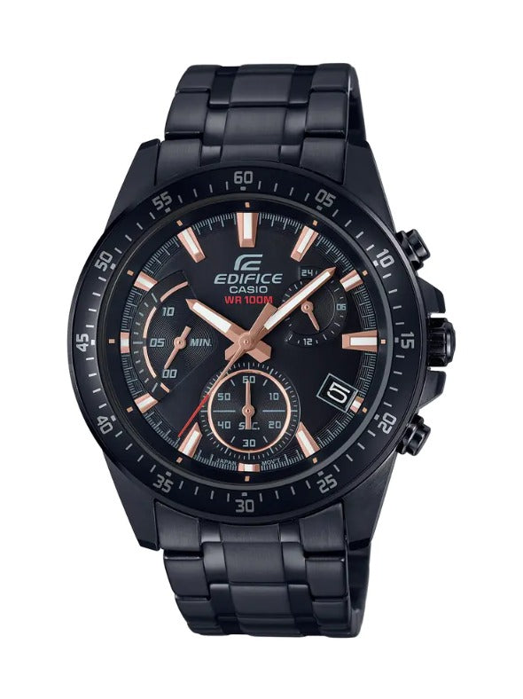 A black CASIO EDIFICE analog watch with a black ion-plated band and case, featuring rose gold hands and markers.