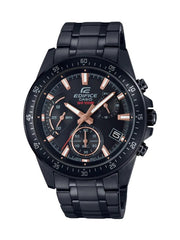 A black CASIO EDIFICE analog watch with a black ion-plated band and case, featuring rose gold hands and markers.