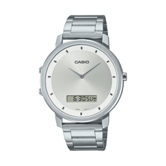 Silver Casio watch with digital display on a white background