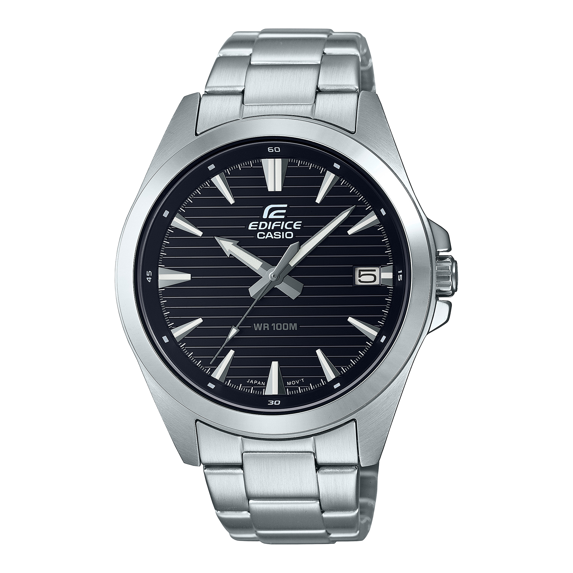 A Casio Edifice EFV-140D-1AVUDF watch with a stainless steel band and a black dial featuring analog hands and a date display.