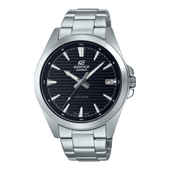 A Casio Edifice EFV-140D-1AVUDF watch with a stainless steel band and a black dial featuring analog hands and a date display.