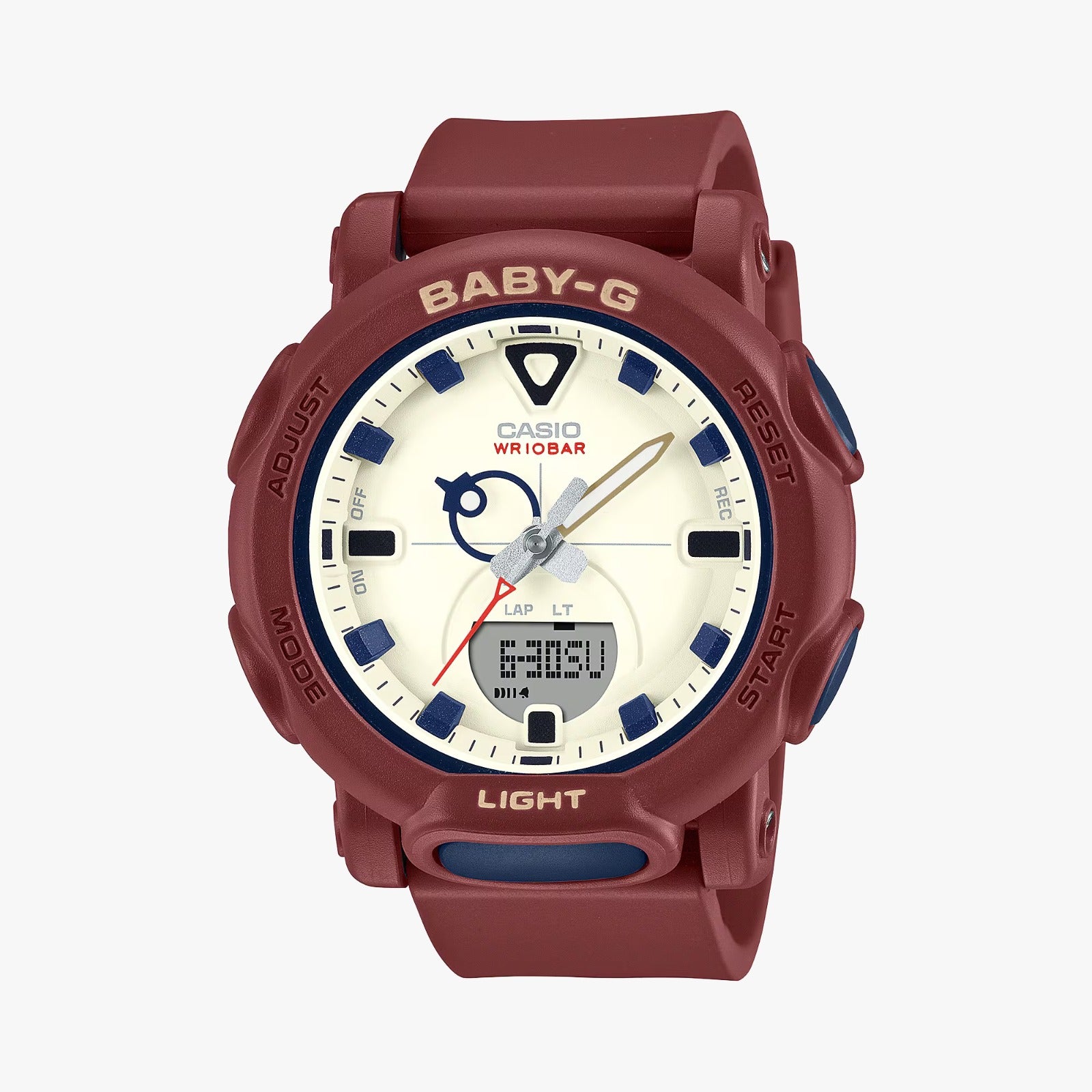 A Casio Baby-G analog-digital watch with a red band and casing, featuring a white dial, blue accents, and a digital display.