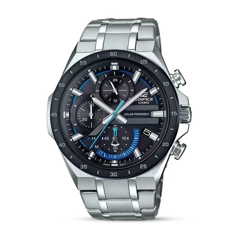 A Casio Edifice EQS-920DB-1BVUDF watch with a black ion-plated bezel, a blue accent on the dial, and a stainless steel band.