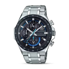 A Casio Edifice EQS-920DB-1BVUDF watch with a black ion-plated bezel, a blue accent on the dial, and a stainless steel band.