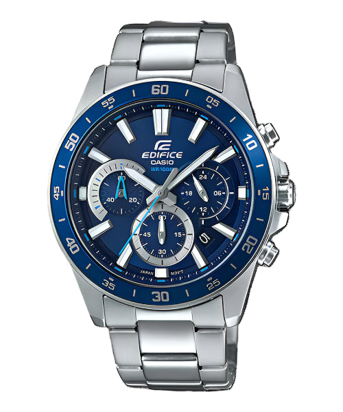 A Casio Edifice EFV-570D-2AVUDF watch with a stainless steel band and a blue analog dial with multiple subdials and a digital display.