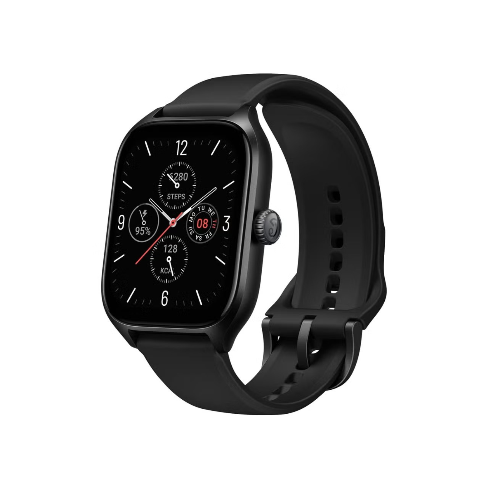 Black smartwatch with a black strap on a white background