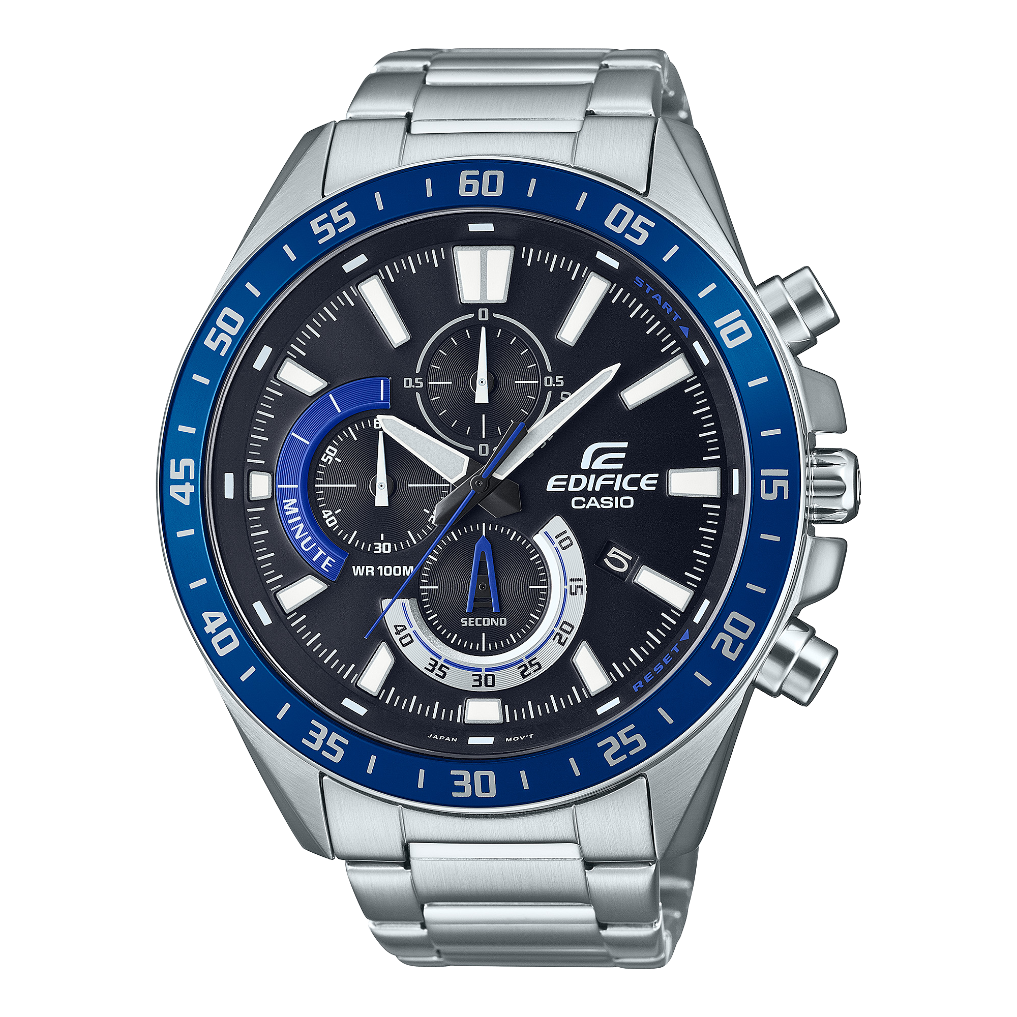A Casio Edifice EFV-620D-1A2VUDF watch with a stainless steel band and a blue and black dial with a chronograph display.