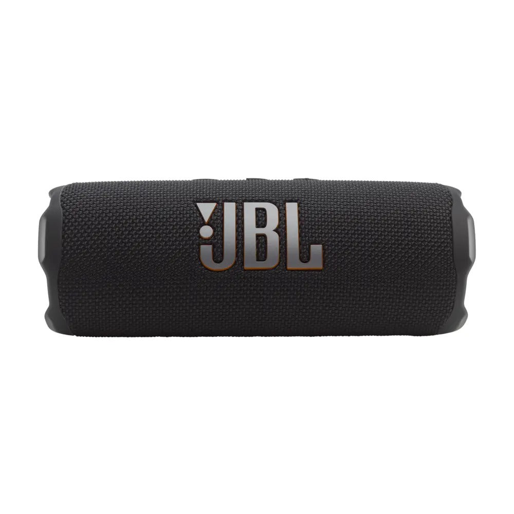 A black JBL Flip 7 portable Bluetooth speaker.