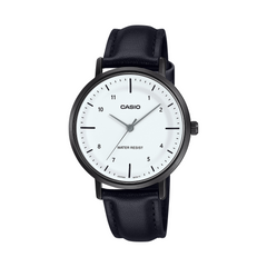 Casio watch with black leather strap and white dial on a white background