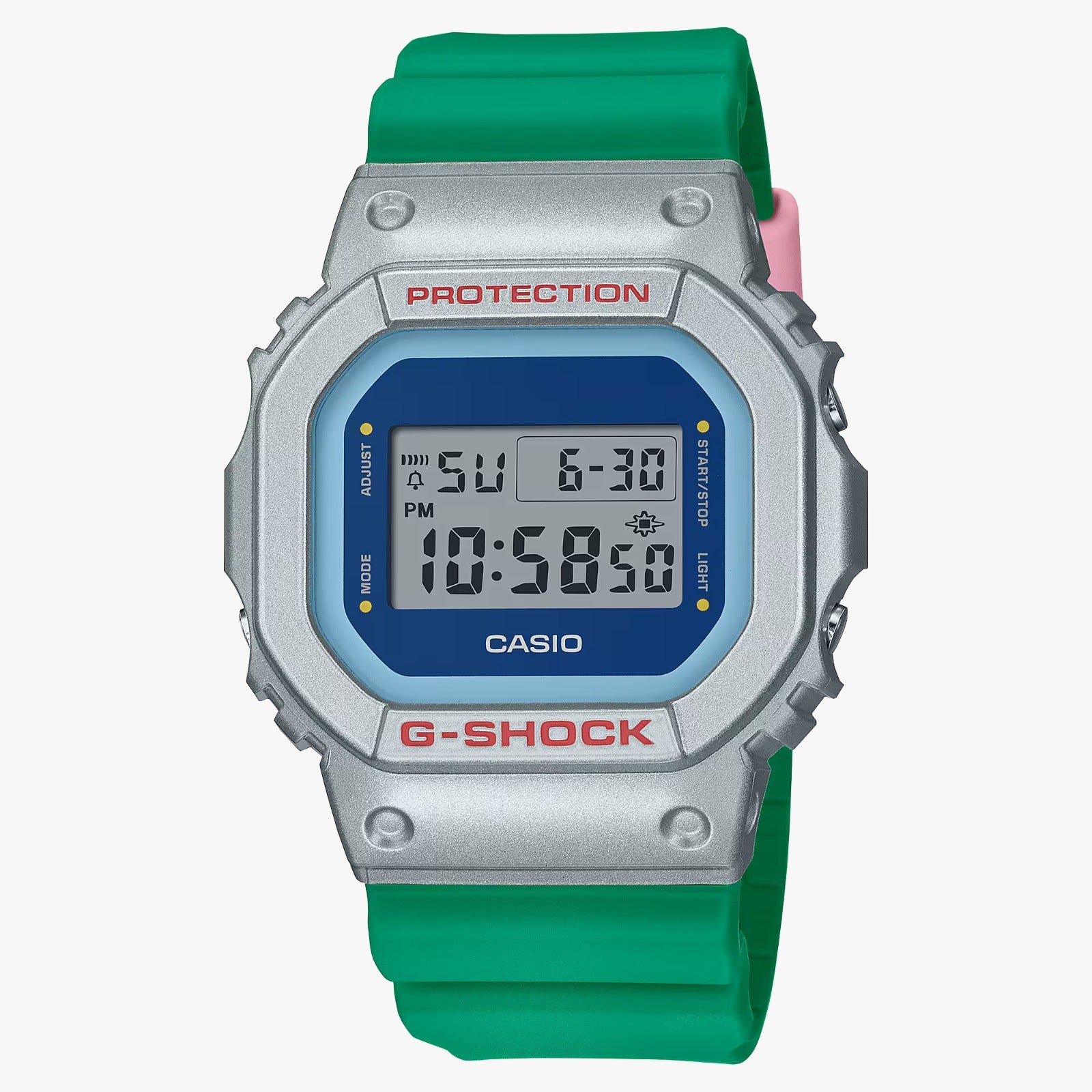 A Casio G-Shock digital watch with a green band and silver case, displaying time, date, and various watch features.