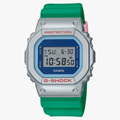 A Casio G-Shock digital watch with a green band and silver case, displaying time, date, and various watch features.