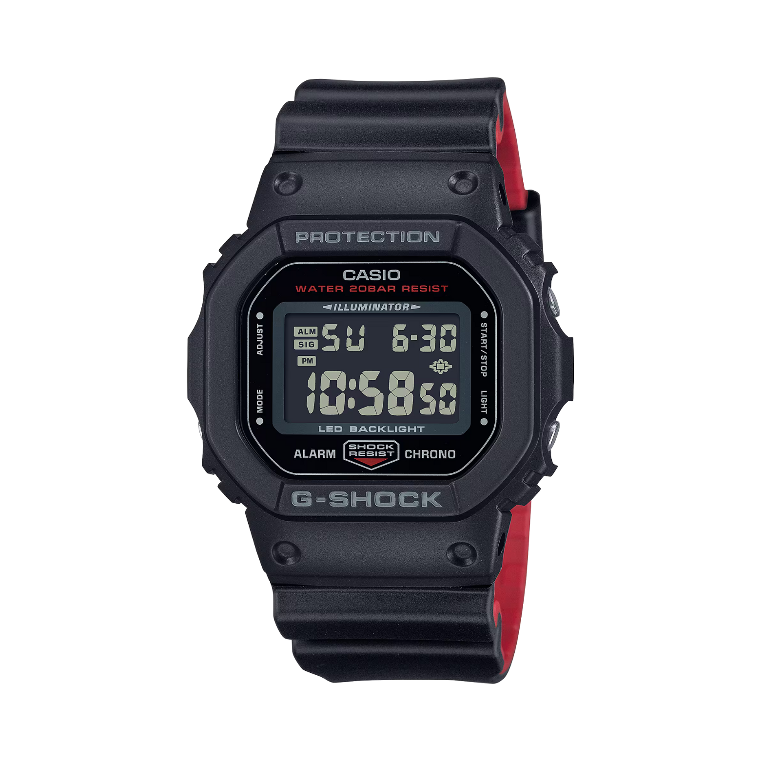 Black Casio G-Shock digital watch with red accents on a white background