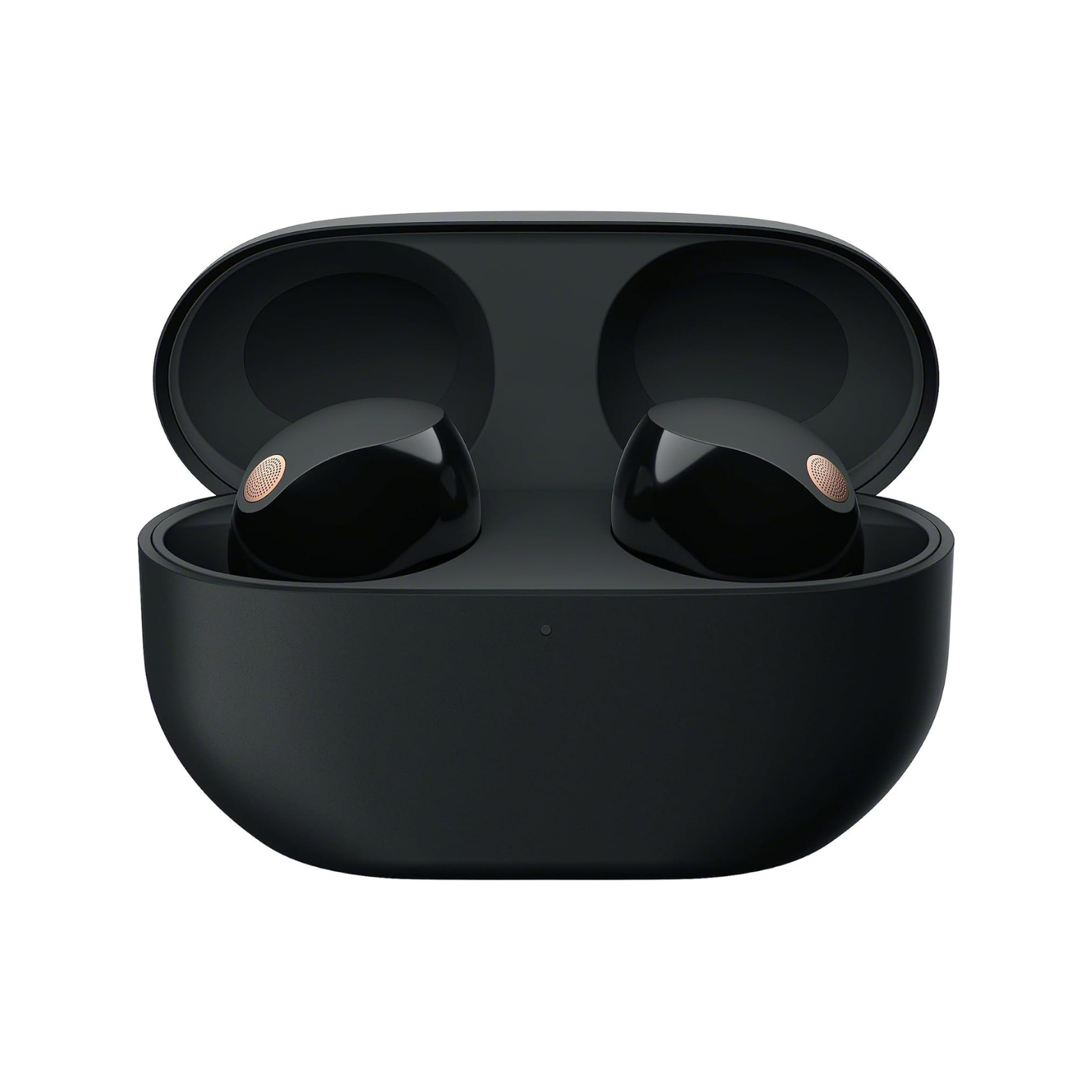 Black wireless earbuds in a charging case on a white background