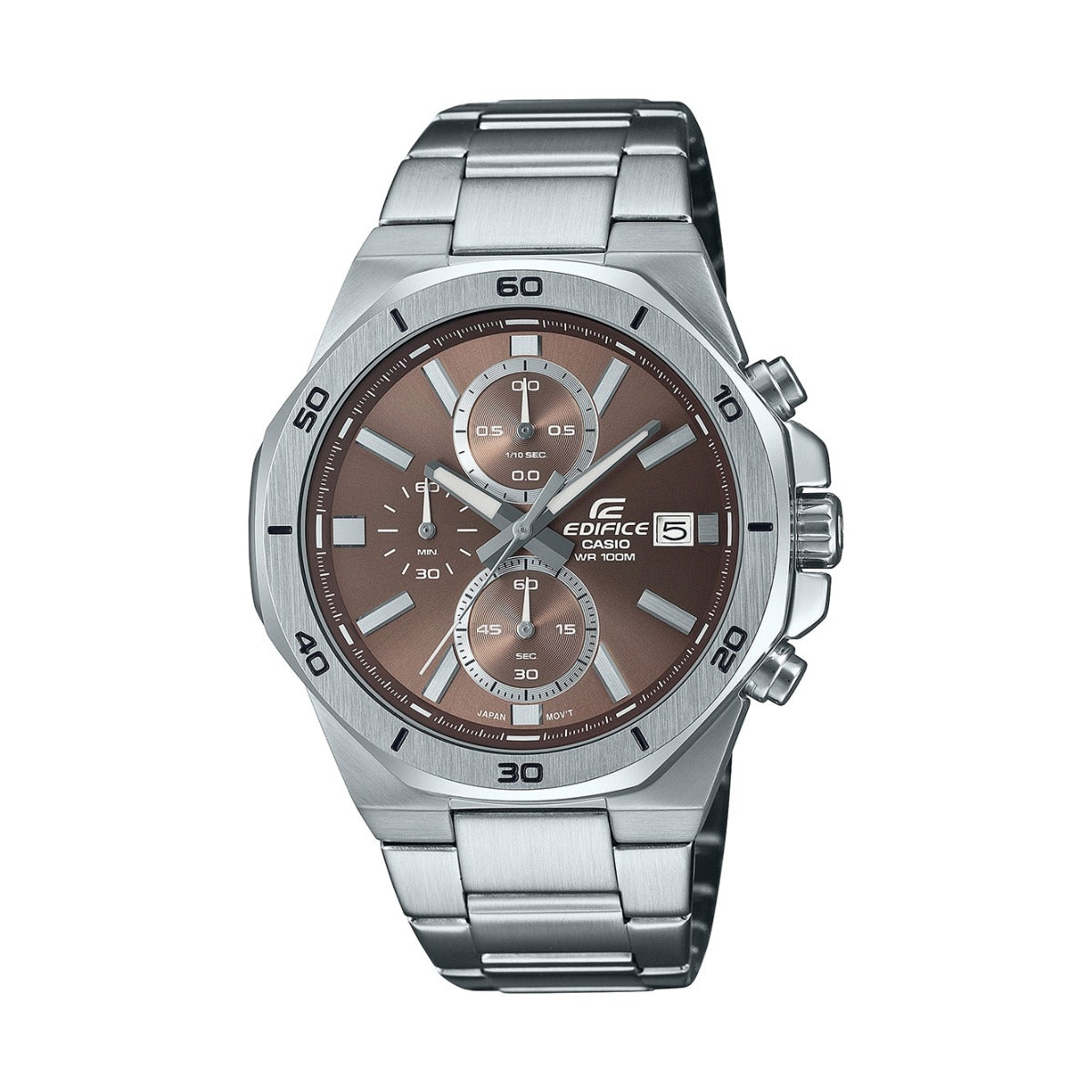 A Casio Edifice EFV-640D-5AV watch with a stainless steel band and a brown analog dial with multiple sub-dials and a date display.