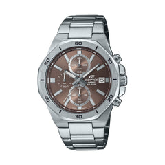 A Casio Edifice EFV-640D-5AV watch with a stainless steel band and a brown analog dial with multiple sub-dials and a date display.