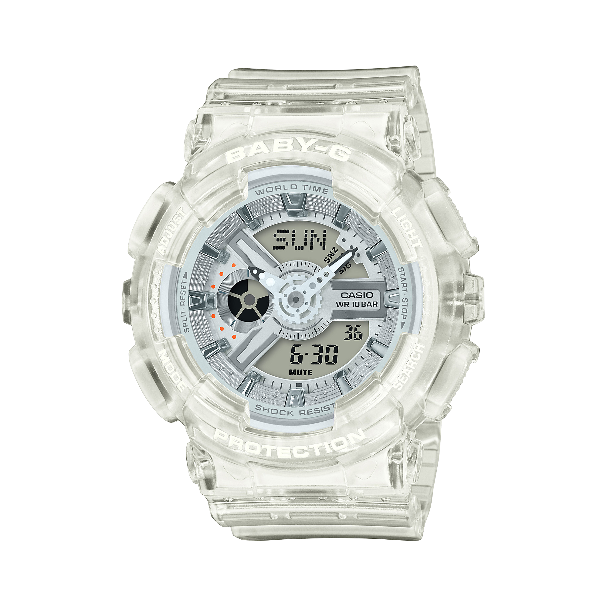 A Casio G-Shock analog-digital watch in a clear color scheme, featuring a digital display and world time functionality.