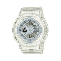 A Casio G-Shock analog-digital watch in a clear color scheme, featuring a digital display and world time functionality.