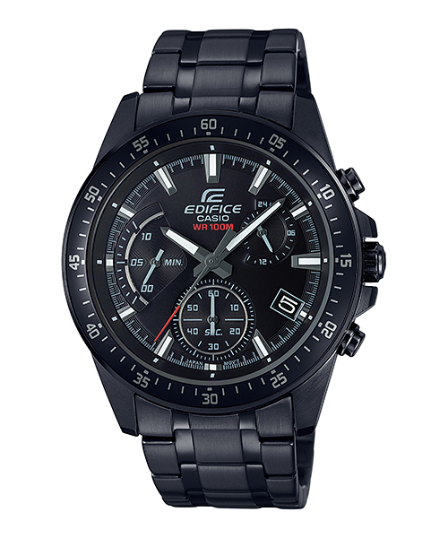 A black CASIO EDIFICE analog watch with a stainless steel band and a black ion plated case, featuring a multilink dial displaying time, date, and other features.