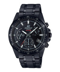 A black CASIO EDIFICE analog watch with a stainless steel band and a black ion plated case, featuring a multilink dial displaying time, date, and other features.