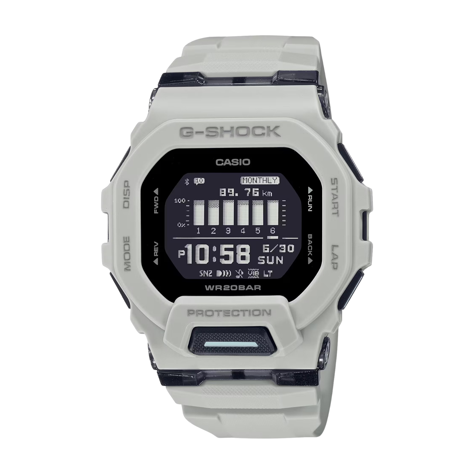 A CASIO G-SHOCK watch with a gray band and case, displaying time and various features on its digital screen.