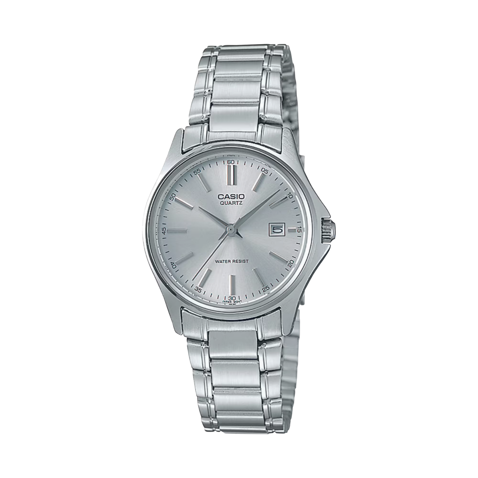 Silver Casio watch on a white background