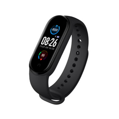 Black smartwatch with a digital display on a white background