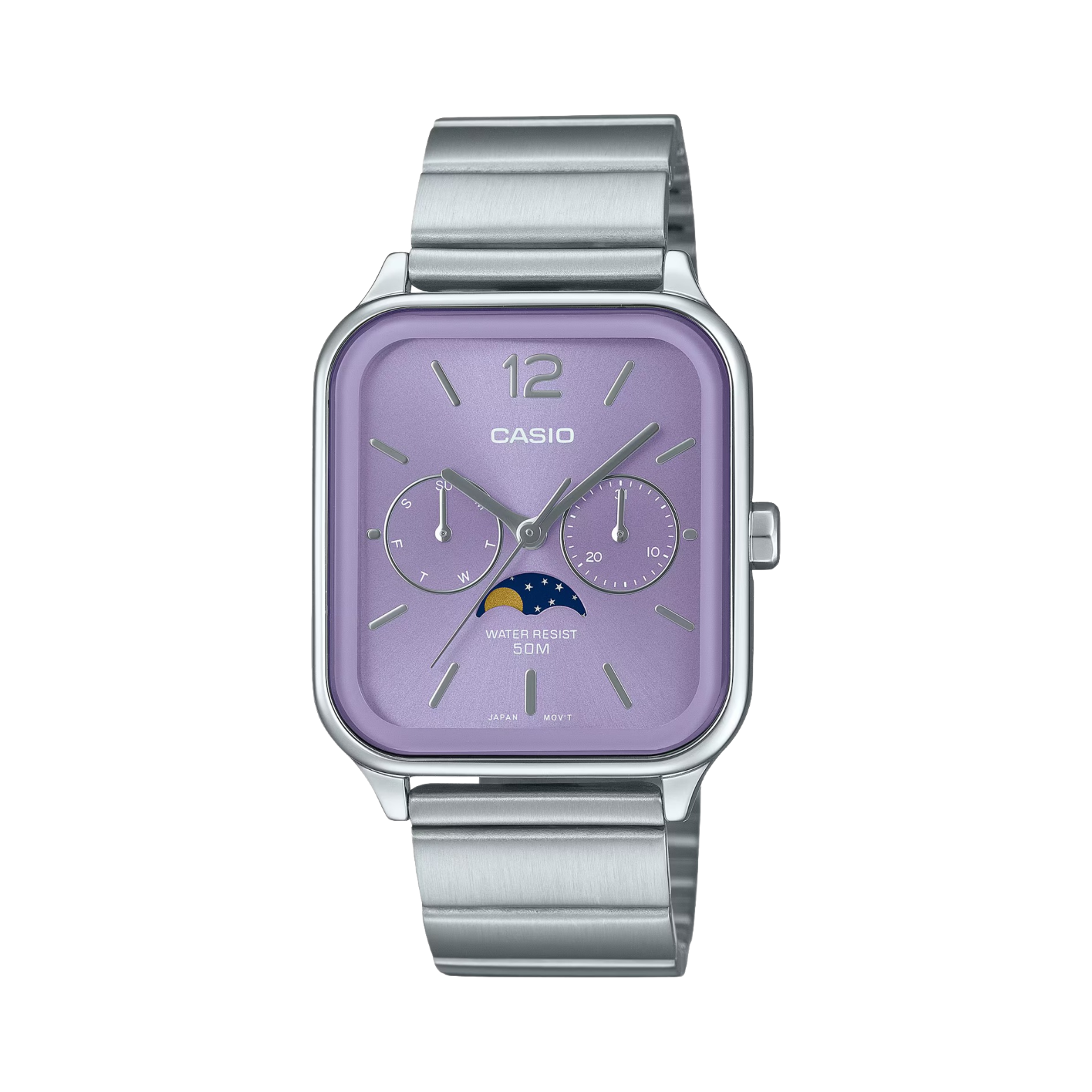A Casio analog watch with a purple dial and a stainless steel band.