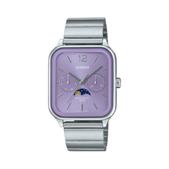 A Casio analog watch with a purple dial and a stainless steel band.