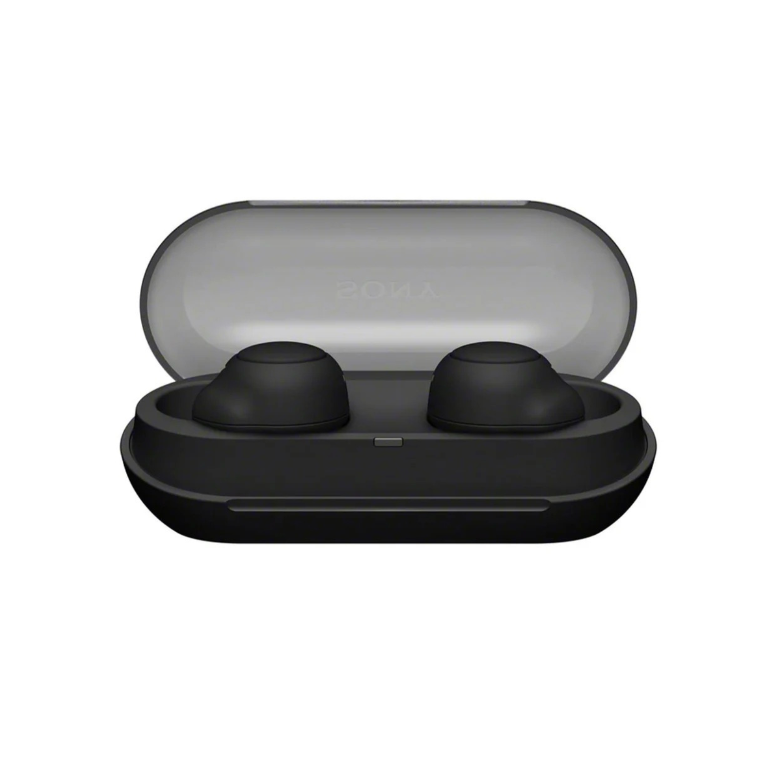 Black wireless earbuds in a transparent charging case on a white background