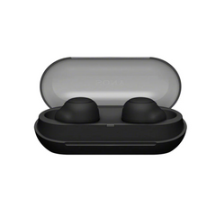 Black wireless earbuds in a transparent charging case on a white background